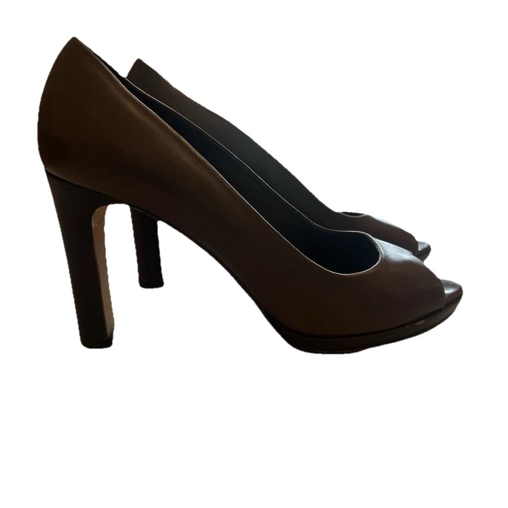 Banana Republic Sz 8.5 M Heels Peep Toe Open Toe 4” Brown Leather Wood Tone Heel